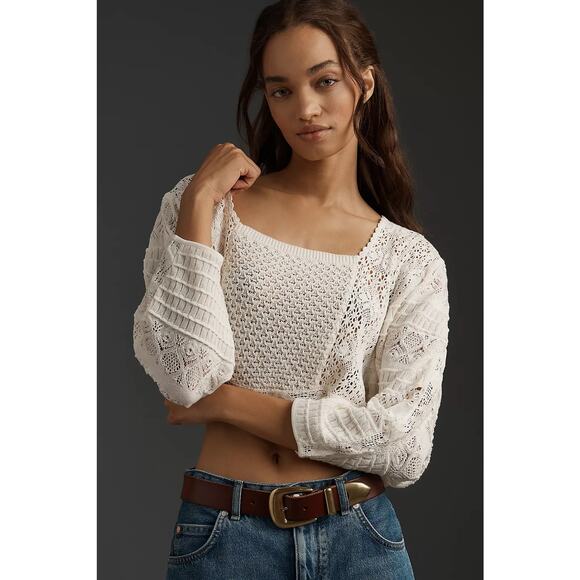 Anthropologie New Ivory Mixed Lace Knit Cropped Sweater Size Medium - Picture 1 of 12